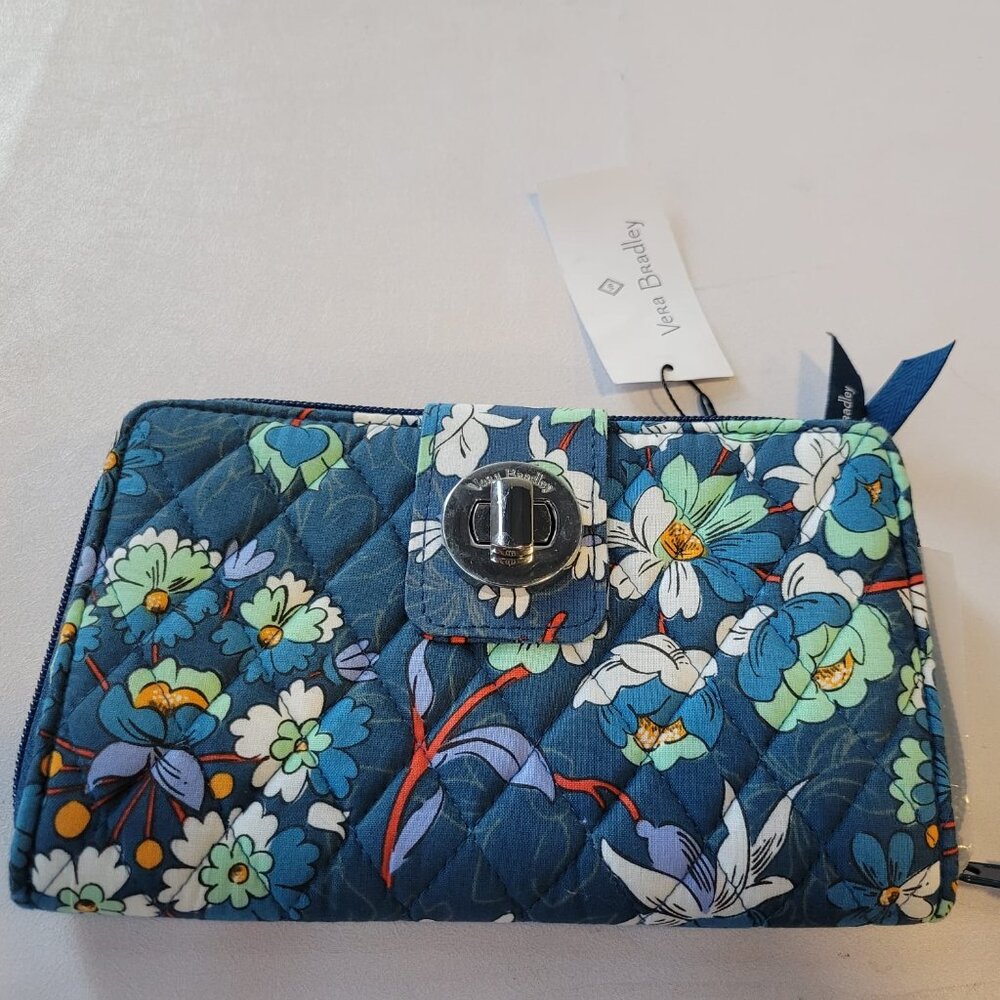 VERA BRADLEY RFID Turnlock Zip Around Wallet Floral Bursts Blue - Exact One NWT